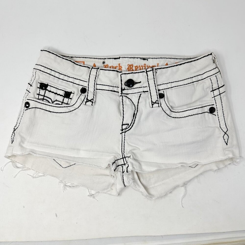 Rock Revival White Jen Demin Shorts sz S 27 Women Black Rhinestone Designs